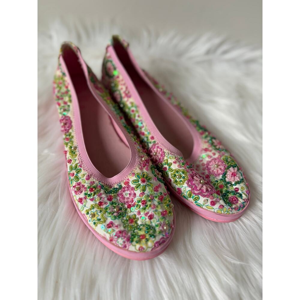 Lelli Kelly Women's Summer Floral Beaded Slip-On Low Heel Shoes- Size 38 (US 7.5